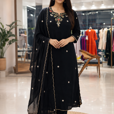 WHITE KADHI EMB KURTI SET